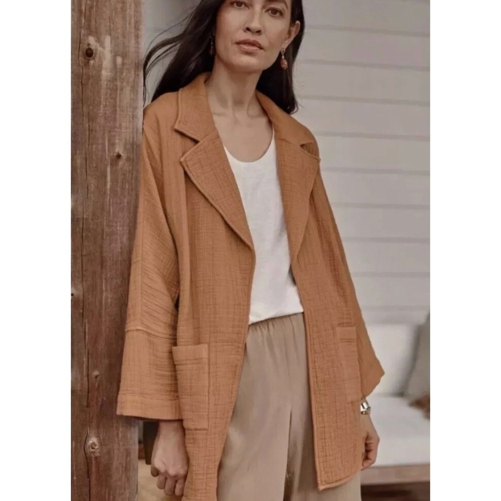 Pure Jill J Jill Cotton Gauze Open Front Jacket Brown L Petite Lightweight Fall